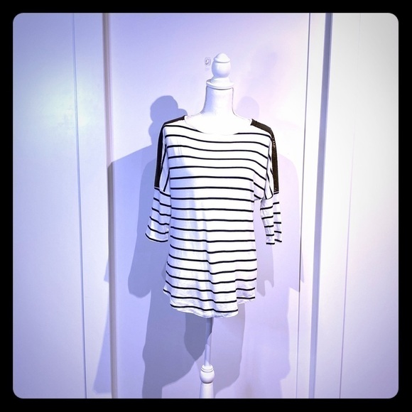 Ann Taylor cotton striped shirt, sequin shoulder - Picture 1 of 7